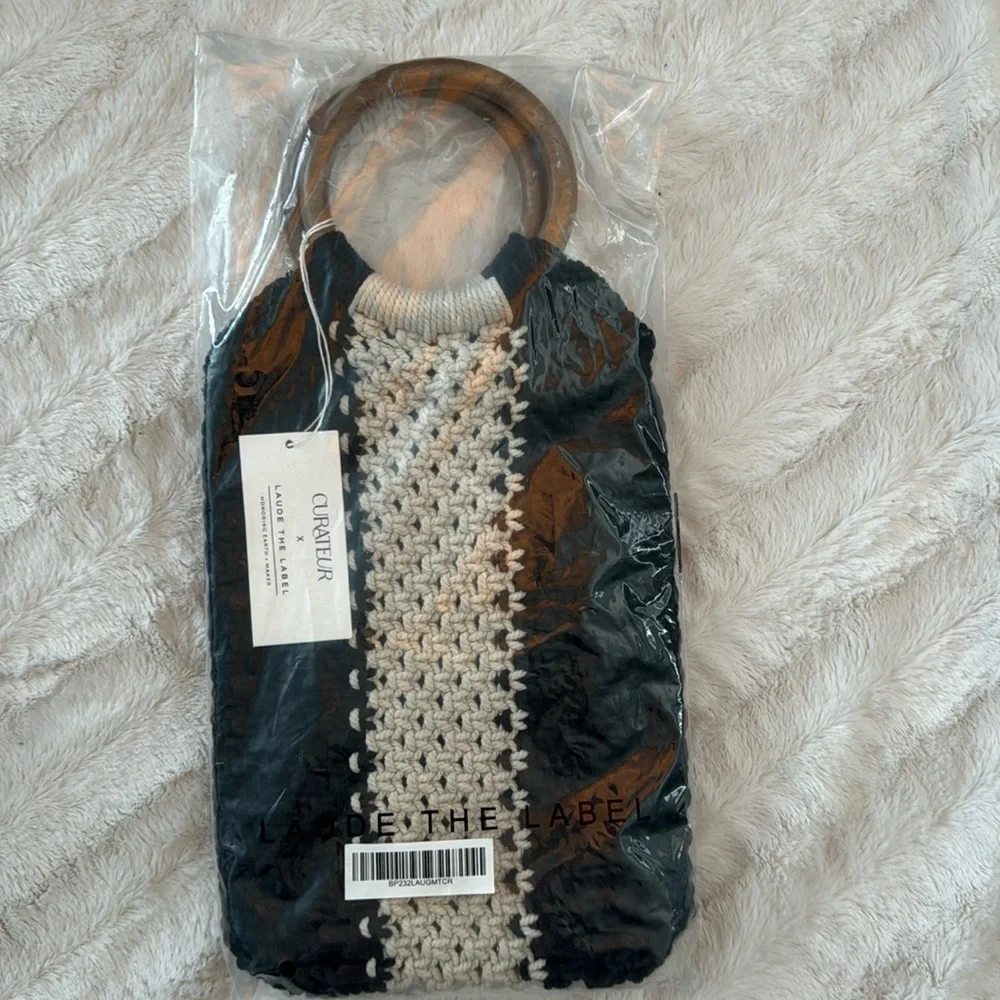 Laude the Label NWT The Gabby Macrame Bag 100% Cotton Black Cream Crochet Purse - Picture 2 of 4